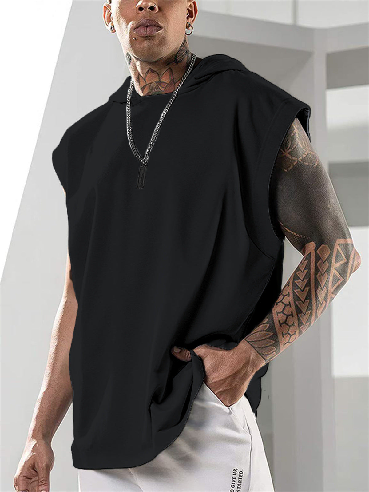 Summer Mens Sleeveless Loose Fitness Hooded Sports Vest