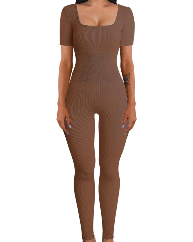 Threaded Square Collar Buttocks Slim Jumpsuit