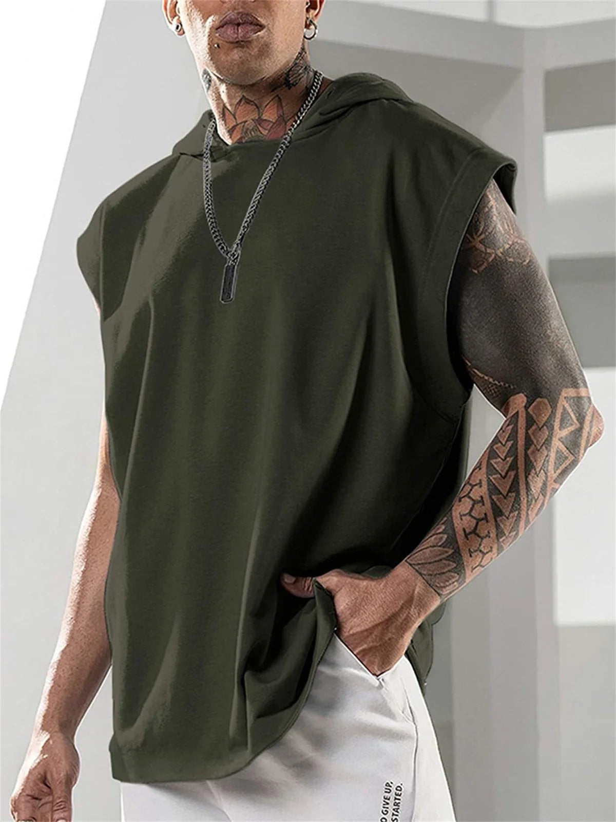 Summer Mens Sleeveless Loose Fitness Hooded Sports Vest