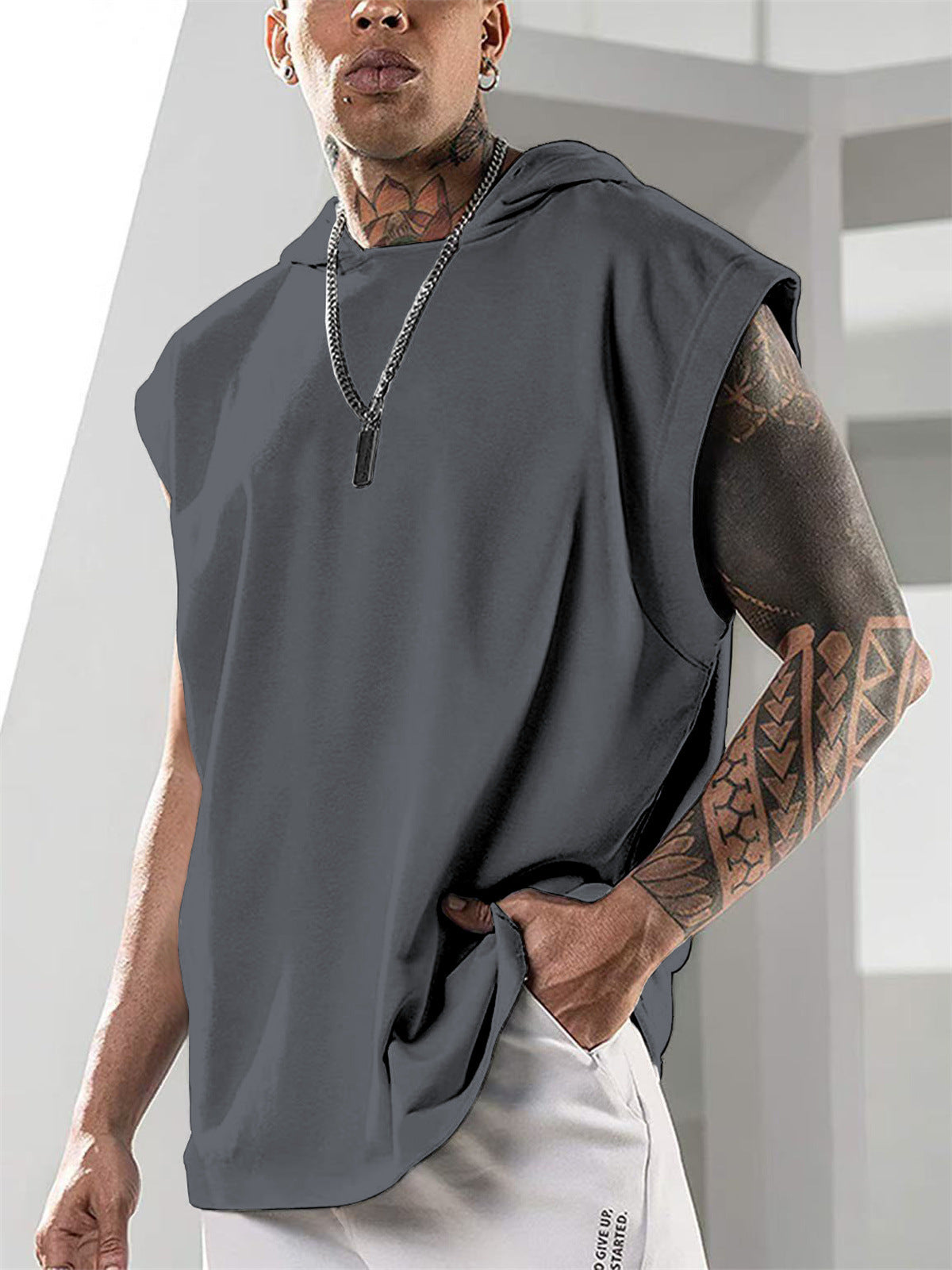 Summer Mens Sleeveless Loose Fitness Hooded Sports Vest