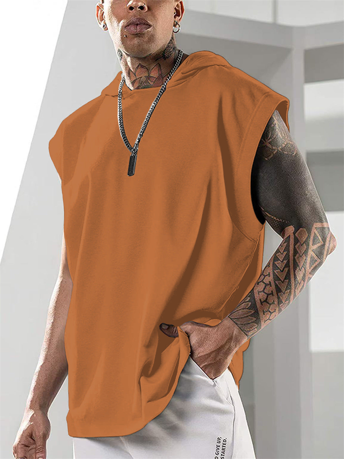 Summer Mens Sleeveless Loose Fitness Hooded Sports Vest