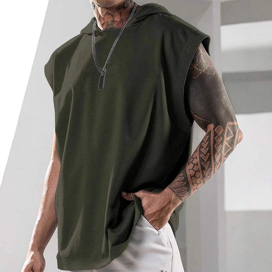 Summer Mens Sleeveless Loose Fitness Hooded Sports Vest